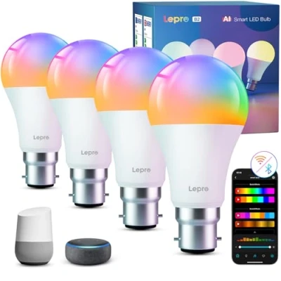 Image of Lepro B2 AI Smart Bulb Bayonet, 1100LM Music Sync B22 WiFI Bulbs, Voice Control, Lighting Design Assistant, RGBCCT, Bluetooth Colour Changing Light Bulb, Work with Alexa &amp; Google 4 Packs
