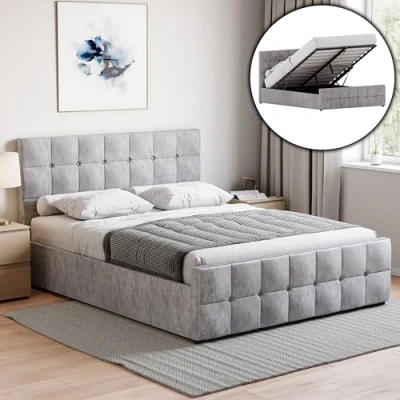Image of Vida Designs Valentina King Size Ottoman Bed, 5 ft Bed Frame Storage Lift Upholstered Fabric Headboard Bedroom Furniture, Crushed Velvet Silver