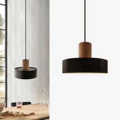 Image of Island Pendant Lights for Kitchen,Modern Black Light,Natural Wood and Metal Shade 9.8,Industrial Adjustable Hanging Light Sink,Dinning Room,Over Table,Bedroom,Bar,Farmhouse,Hallway,E26