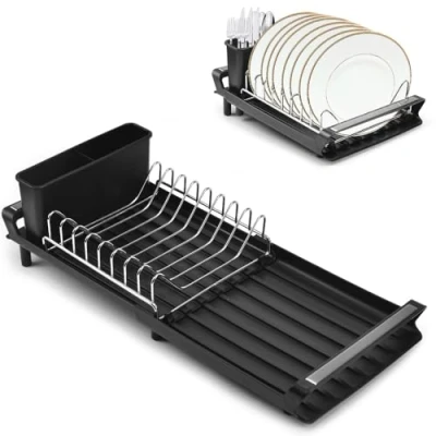 Image of OKUYAN Compact Dish Drainer Rack Expandable Drying Stainless Steel with Extendable Draining Board Single Tier Removable Cutlery Holder (Black)