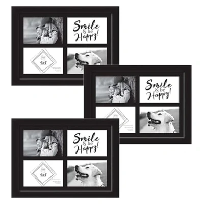 Image of Multiple 4 Aperture Picture Frame for x 6 Inch Images, opening 10 15 cm Black Colour photo Made of Solid Wood with Glass Front Wall Mount, Triple frames 6x4 (Set 3)