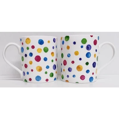 Image of Polka Dots Painted Effect Mugs Set of 2 Fine Bone China 350 ml 12 oz Chester Cups Multi Colour Spotty Chintz Hand Decorated UK