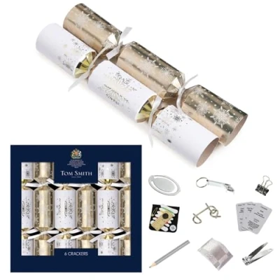 Image of Tom Smith Pack 6 Eco Charity Christmas Crackers White &amp; Gold Snowflake Design 33cm