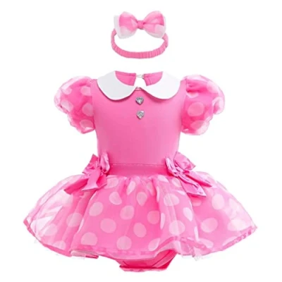 Image of Lito Angels Baby Girls Minnie Mouse Fancy Dress Up Costume Infant Bodysuit Romper with Bow Headband Age 9 12 Months, Hot Pink