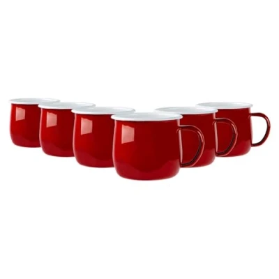 Image of 6x Red 375ml Coloured Enamel Belly Mugs By Argon Tableware