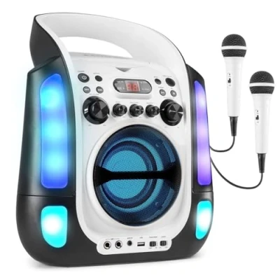Image of Fenton SBS30 Karaoke Machine Speaker System with Party Lights, Bluetooth and 2 Handheld Microphones CDG/CD+G/MP3+G Player Song Lyrics Screen Display Output, White