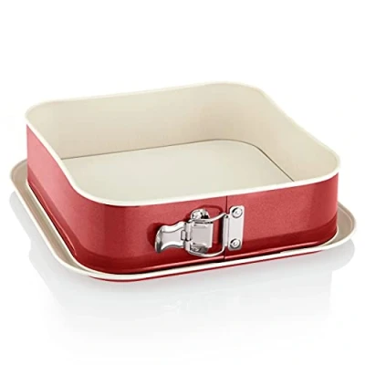 Image of Grizzly, Springform Cake Tin, Square Tin 9&quot; x (24 24 cm), Red and Cream, with Overflow Protection, Non Stick, Tall