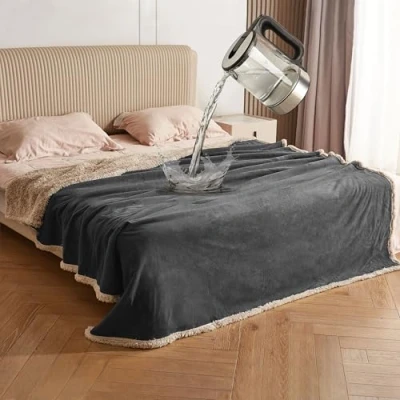 Image of Catalonia Classy Waterproof Bed Blanket, Washable Sofa Couch Cover Protector, Fleece Warm Sherpa Throw Blanket for Boating Camping Car Seat 203 x 152cm Grey