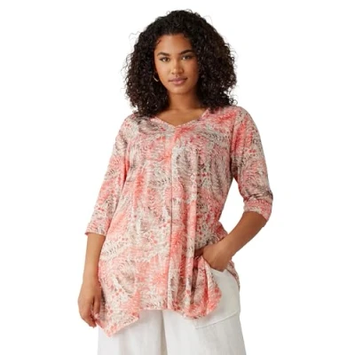 Image of EVANS Curve Tropical Print Hanky Hem Top Women&#039;s Plus Size Pink