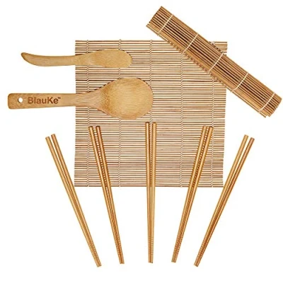 Image of BlauKe® Sushi Making Kit 2 Bamboo Rolling Mats, 5 Pairs Chopsticks, Rice Paddle, Spreader Beginner Maker with Roller Mat and Accessories