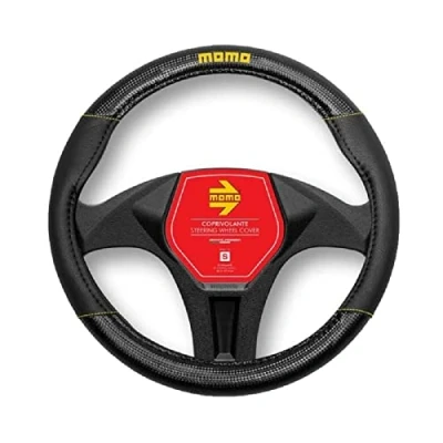 Image of MOMO CARBON UNIVERSAL STEERING WHEEL COVER BLACK AND YELLOW
