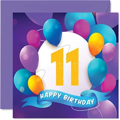 Image of 11th Birthday Card for Boys Girls Balloon Party Happy Cards 11 Year Old Boy Girl Brother Sister Son Daughter Grandson Granddaughter Cousin, 145mm x Bday Greeting Gift