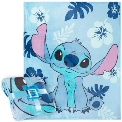 Image of Disney Stitch Fleece Throw Blanket, 150 x 130cm Bedroom Decor Gifts (Light Blue Stitch)