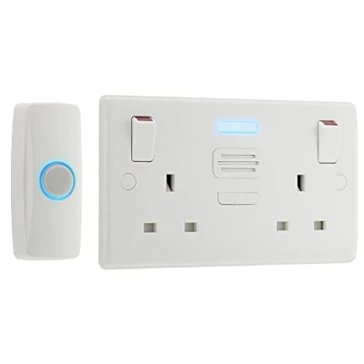 Image of BG Electrical 822BELLWireless DoorBell with IP44 Rated Push Button and Double Power Socket, Battery Operated, White Moulded, Round Edge