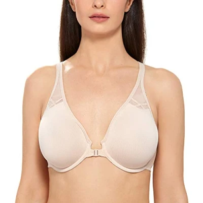 Image of Delimira Women&#039;s Front Fastening Bras Underwire Non Padded Plunge Racer Back Comfort Plus Size Bra Beige 42DD