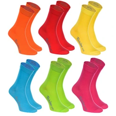 Image of Rainbow Socks Women Men Colourful Cotton Casual 6 Pairs Orange Red Yellow Turquoise Green Fuchsia Size 4