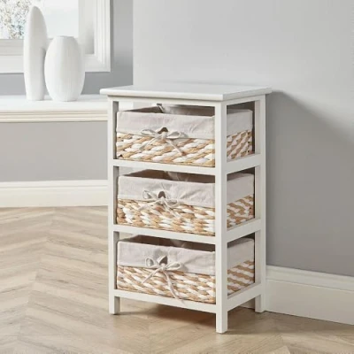 Image of Home Source Storage Chest, Wooden Bedroom Hallway Cabinet, Wicker Organiser, White, 3 Basket, Wood, Drawer