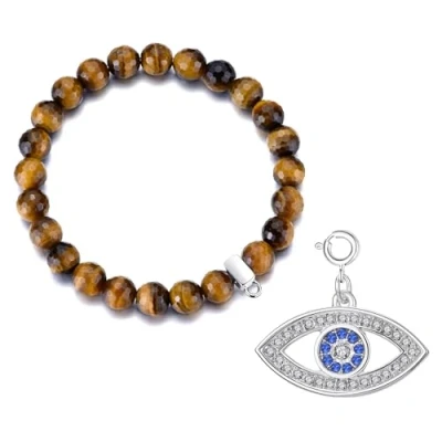Image of Philip Jones Faceted Tigers Eye Gemstone Bracelet with Evil Charm Created Zircondia® Crystals