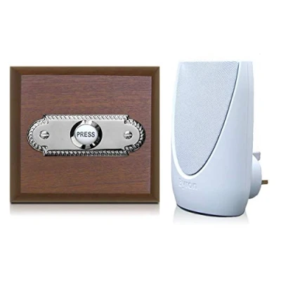 Image of Byron 100m Wireless Period Plug in Doorbell kit Push on Plinth (Mahogany Roped Chrome)