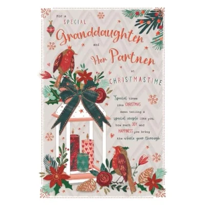 Image of ICG Special Granddaughter and her Partner Christmas Card Robins Lantern Embossed with Foil Details