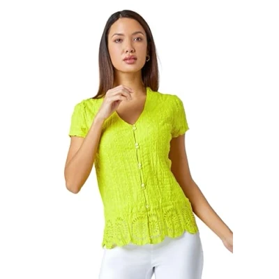 Image of Roman Originals Crinkle Top for Women UK Ladies Embroidered Blouse 100% Cotton Lace Eyelet Shirt Cami Tunic Vest Sleeveless Short Sleeve Casual Notch Neck Broderie Anglaise Lime Size 14