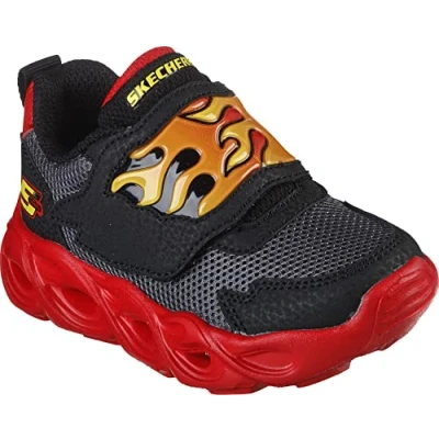 Image of Skechers 400104N BKRD Sneaker, Black Synthetic/Mesh/Red &amp; Orange Trim, 6 UK