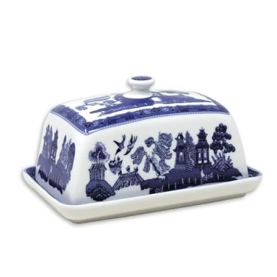 Image of UNIQUE HOME LIVING Blue Willow Butter Dish Ceramic Covered Server Style Oriental Design Tableware