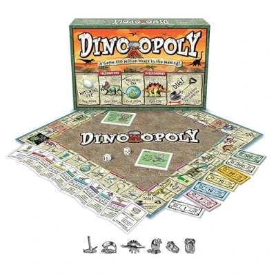 Image of Dino Opoly Board Game Family Time Games For Adults and Children, 2 to 6 Players, Strategy Fun Ages 8 Up A Dinosaur Trading 150 Million Years In The Making