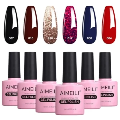 Image of AIMEILI Hema Free Gel Nail Polishes Red Black Glitter Polish Set Soak Off UV LED Salon Varnish Manicure Long Lasting &amp; Easy to Apply 6pcs X 10ml Kit 21
