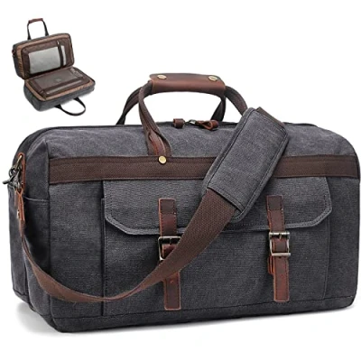 Image of Duffle Bag for Men Waterproof Genuine Leather Canvas Travel Duffel Bags Women Overnight Weekender Traveling, 4 Black, L, Classy