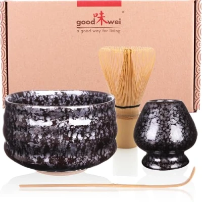 Image of Goodwei Premium Matcha Tea Set Ceremonial Bowl Chawan, Whisk and Holder + Gift Box (Tetsu, 80), Ceramics, 430 ml