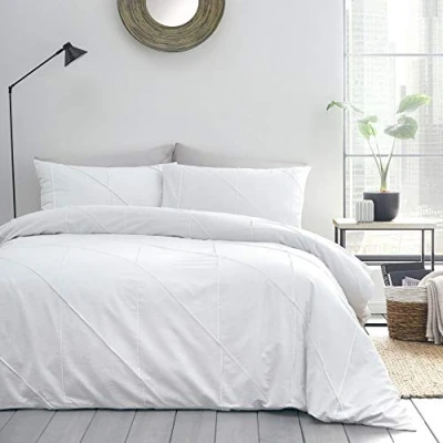 Image of Serene Dart Pleated Boutique Duvet Cover Set, White, Single