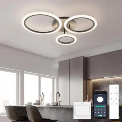 Image of YOLEDY Chandeliers Ceiling Light with Remote Control &amp; APP, LED Fittings Ceilings 3 Rings, Dimmable, Memory Timer, Modern Lights Living Room Hall Lounge Bedroom, Black
