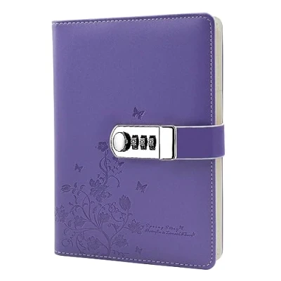 Image of NectaRoy PU Leather Password Notebook Writing Journal Diary Planner Organizer, Butterfly and Flower Pattern, Wire Binding Lined Daily Notepad Personal Sketchbook with Pen Holder, A5 Size 210x145mm