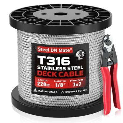 Image of Steel DN Mate 220 Feet T316 1/8 Stainless Cable, Aircraft Wire Rope for Cable Railing Kit, Stair Railing, 7x7 Strands, 1800 lb Breaking Strength, Deck with Cutter, Marine Grade DW22