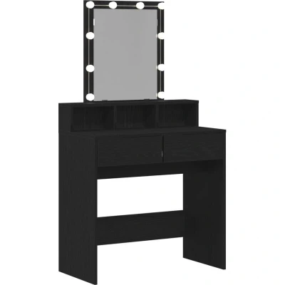Image of vidaXL Black Oak Dressing Table with Hollywood Lights Contemporary Rectangular Vanity Desk Mirror &amp; Drawers for Bedroom Compact Particle Board Makeup Console Cool White Lighting