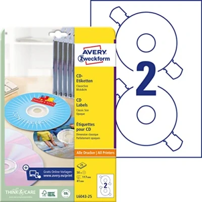Image of Avery Zweckform L6043 25 A4 Pack of 50 CD Labels Diameter 117 mm Sheets White