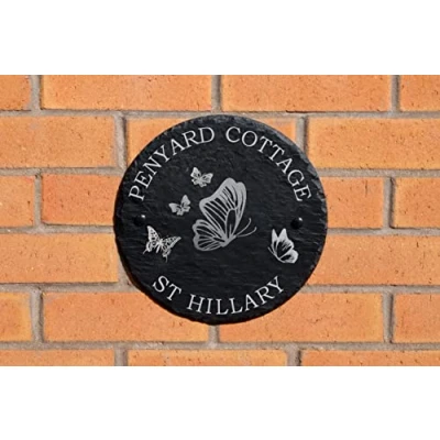 Image of Personalised Large Round Slate Outdoor House/Home Sign Plaque, Engraved With Your House Number And Street Name (Butterfly)