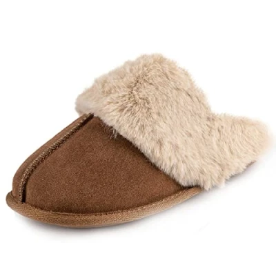 Image of Isotoner Ladies Real Suede Mule with Fur Cuff Tan