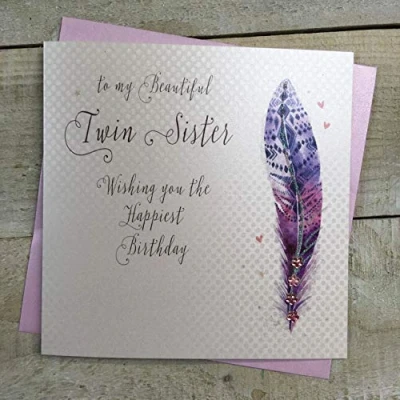 Image of WHITE COTTON CARDS B216 TS Twin Sister Birthday Card Handmade Decorated Feather, greygreenblack, 16cm x