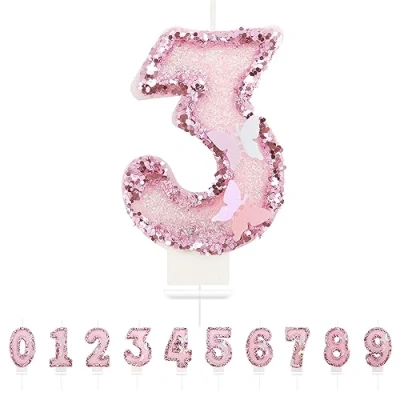 Image of Number 3 Candle,Pink Butterfly Birthday Candles for Girl,Cake Topper Decoration Girls Party