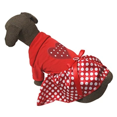 Image of Petitebelle Red Polka Dots Heart Puppy Dog Dress (Red Tee/Red Dots, Large)