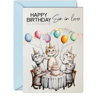 Image of Son in Law Birthday Card Pawsome Party Cats Balloons Happy for from Mother Mum Father Dad, A5 Male Cat Bday Greeting Cards