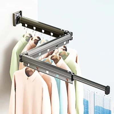 Image of UVCMDUI Folding Clothes Drying Rack Wall Mounted, Heavy Duty Airers Indoor Strong Airing Rack, Retractable Laundry Mounted Line,Anthracite,3 Fold