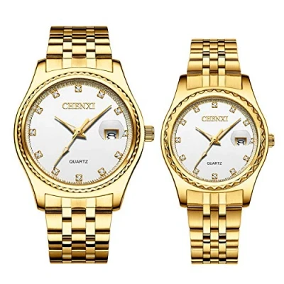 Image of JewelryWe Couple Watches Gold Plated Stainless Steel Wristwatch Calendar Quartz Watch Men Women His and Her Matching Set