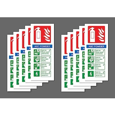 Image of ABC Powder Fire Extinguisher ID Safety sign 200mm x 80mm (Pack of 10 signs) Self adhesive stickers