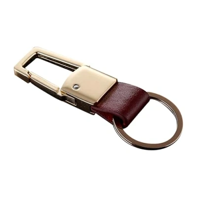 Image of Cerbery Elegant leather keyring with rings and Gift box Keychain key holder car photo engraving ring Ladies Men (Gold)
