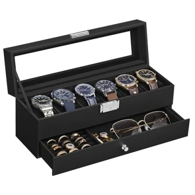 Image of SONGMICS Watch Box, Case with Glass Lid, 2 Tier Display for 6 Watches, Lockable, 1 Drawer, Rings, Bracelets, Gift Idea, Black Synthetic Leather, Lining JWB060B02
