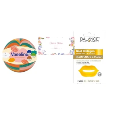 Image of Temas Vaseline Luscious Lips Tin Collection Gift Set Bundled With Gold Collagen Hydrogel Lip Masks 2 3 Flavours Original, Aloe and Coconut Butter