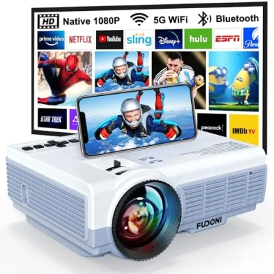 Image of FUDONI Projector with WiFi and Bluetooth, 5G Native 1080P 9500L 4K Supported, Portable Outdoor Screen for Home Theater, Compatible HDMI/USB/PC/TV Box/iOS Android Phone